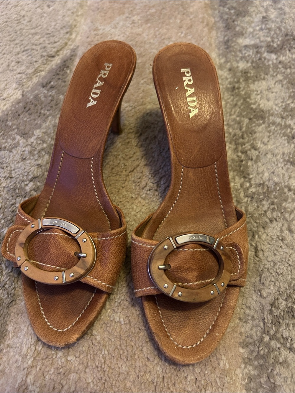 Prada Tan Leather Open-Toe Mules with Circular Metal Accent